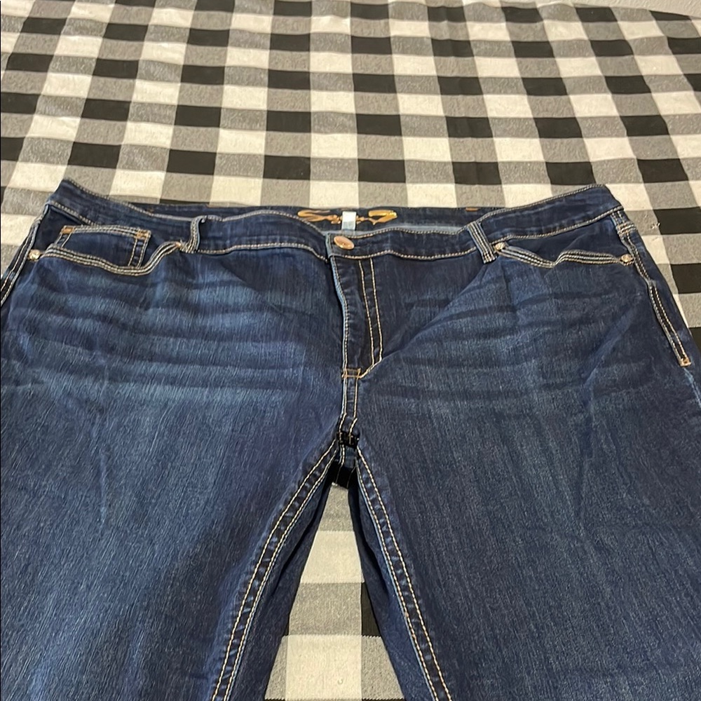Seven7 Jeans Tapered Plus Sz 28 x31.5 Super Stretch Flap Pocket Embellished Dark